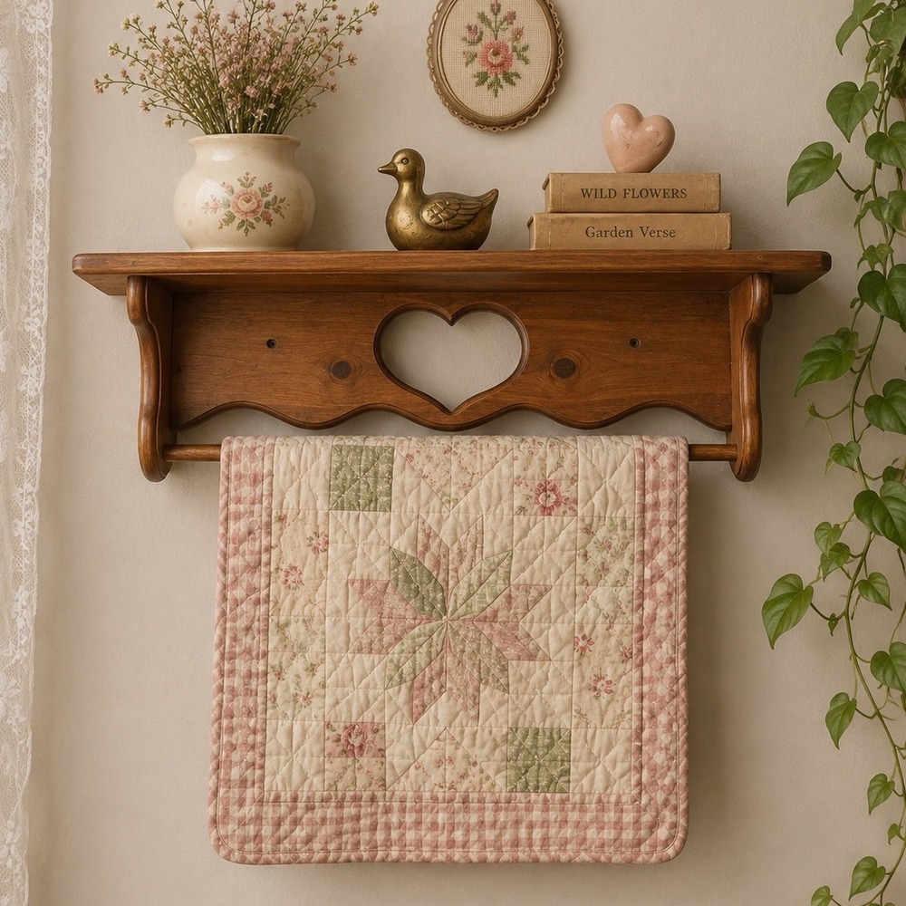 Wooden 24" Wall Display Shelf Heart quilt Cutout Cottagecore Farmhouse Trinket